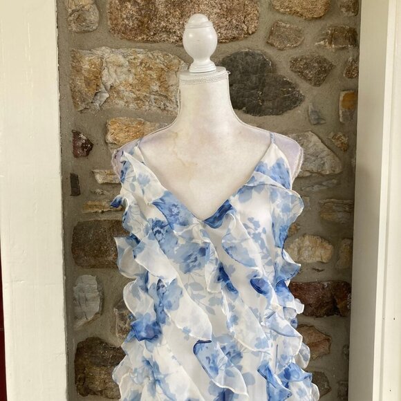 NWT BHLDN Anthropologie Jia Printed Bias-Cut Ruffled V-Neck Gown Blue $328 - Picture 4 of 12